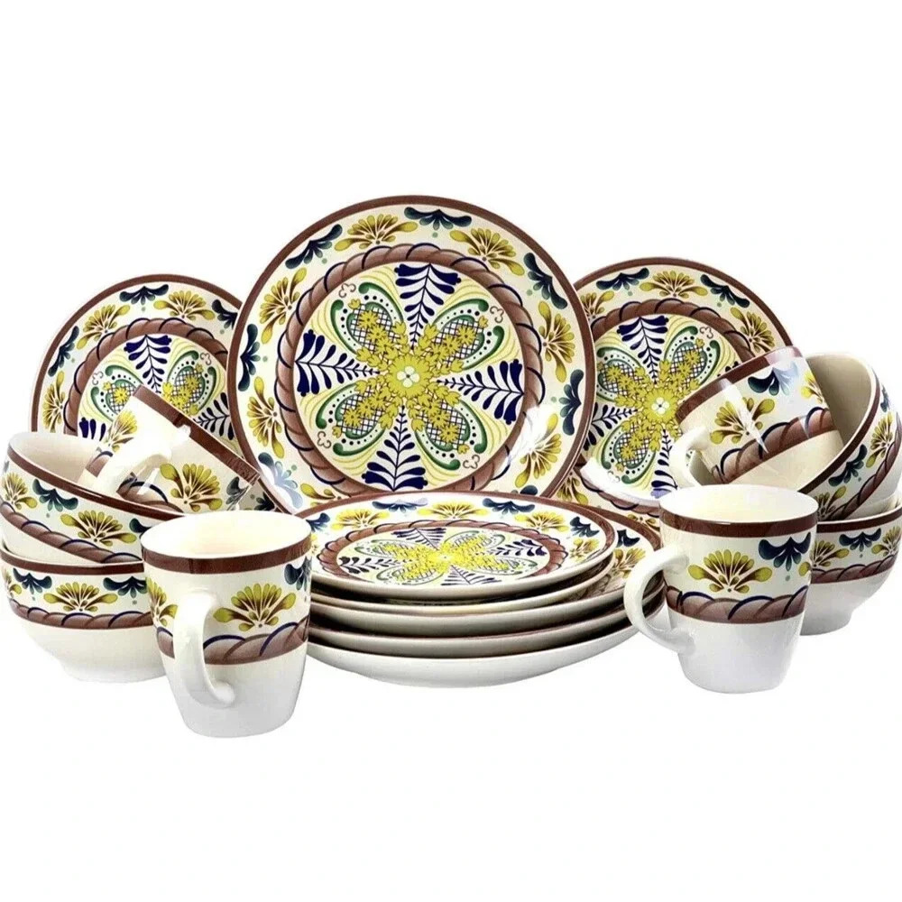 Elama Countryside Sunrise Stoneware Dinnerware Set 16 Pieces Yellow Multicolor